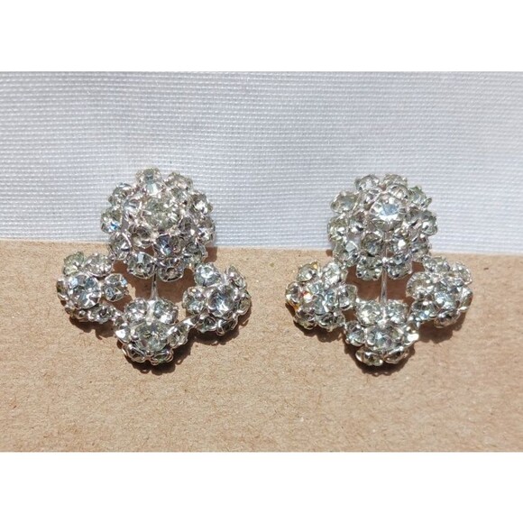 Vintage MARVELLA Rhinestone Clip On Earrings Silver Tone Unique ESTATE Jewelry - Picture 1 of 4